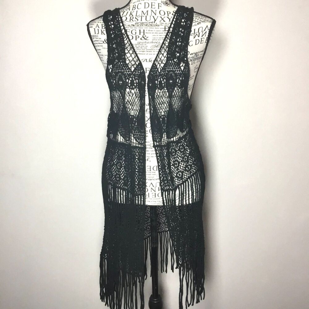 Black crochet tassel vest long robe duster witchcore hippie boho western S